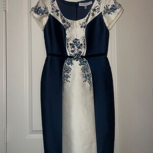Carolina Herrera Blue & White Silk Embroidered Midi Dress with Puff Cap Sleeves